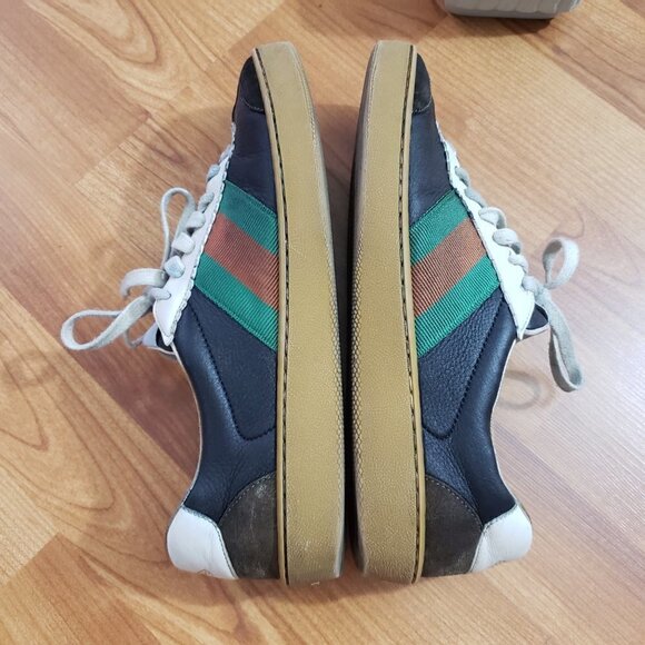 Gucci Calfskin Suede Leather Web Low Men's G74 Ardesia Black New Mystic White - Picture 3 of 14